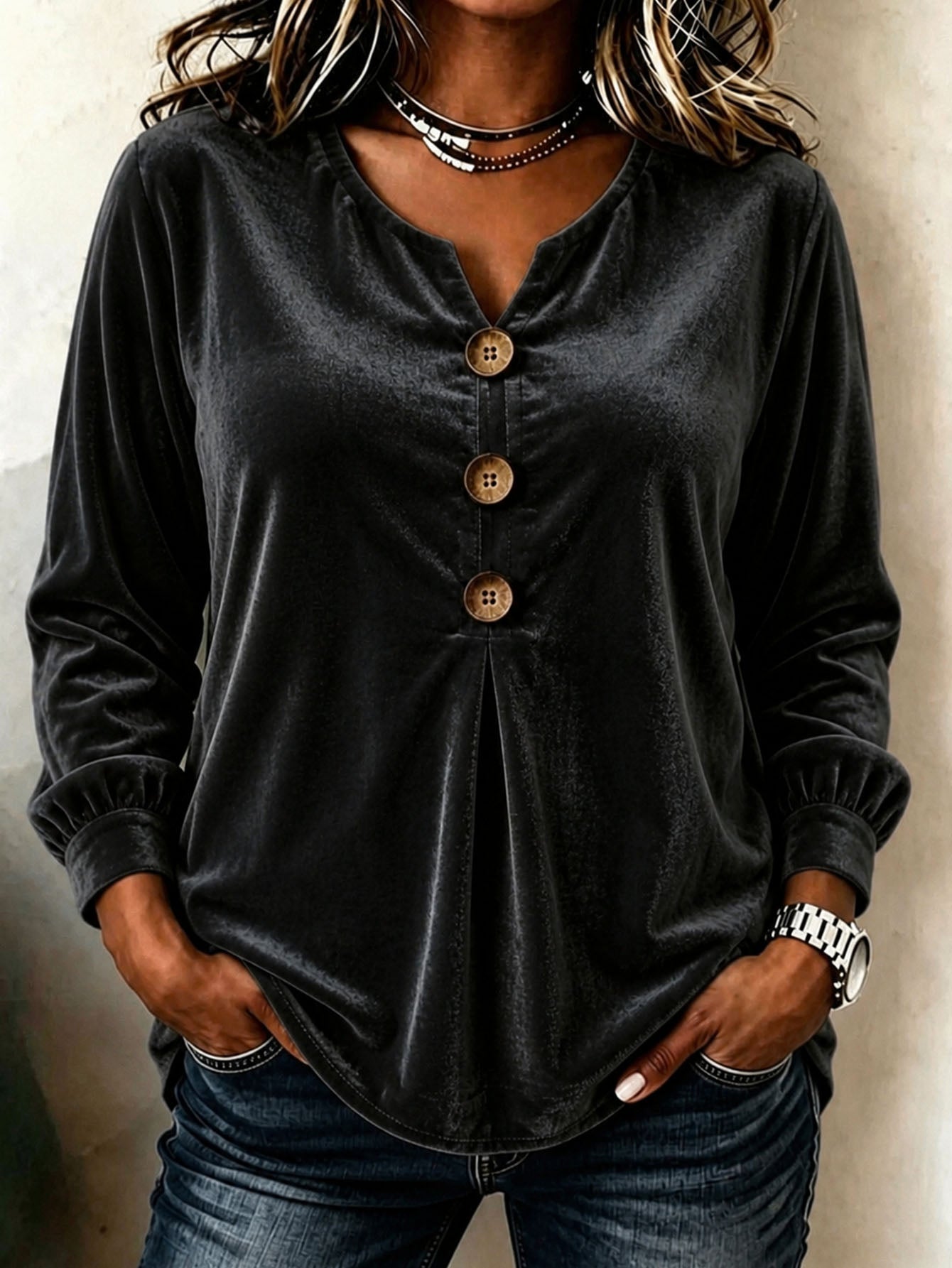 Elegant V-neck Buttoned Long-sleeve Velvet Blouse For Women NorixaFashion.com
