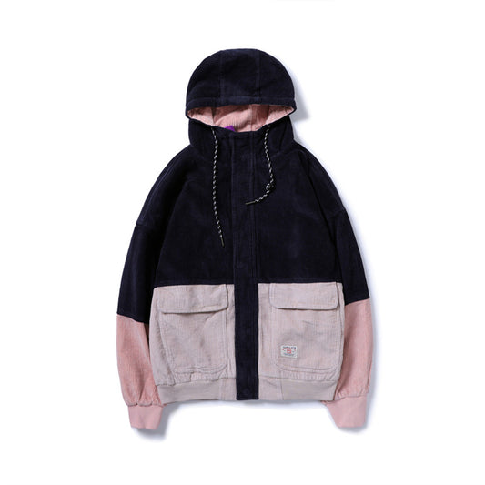 Corduroy Hip-Hop Patchwork Hooded Jacket for Couples Pi-Mart