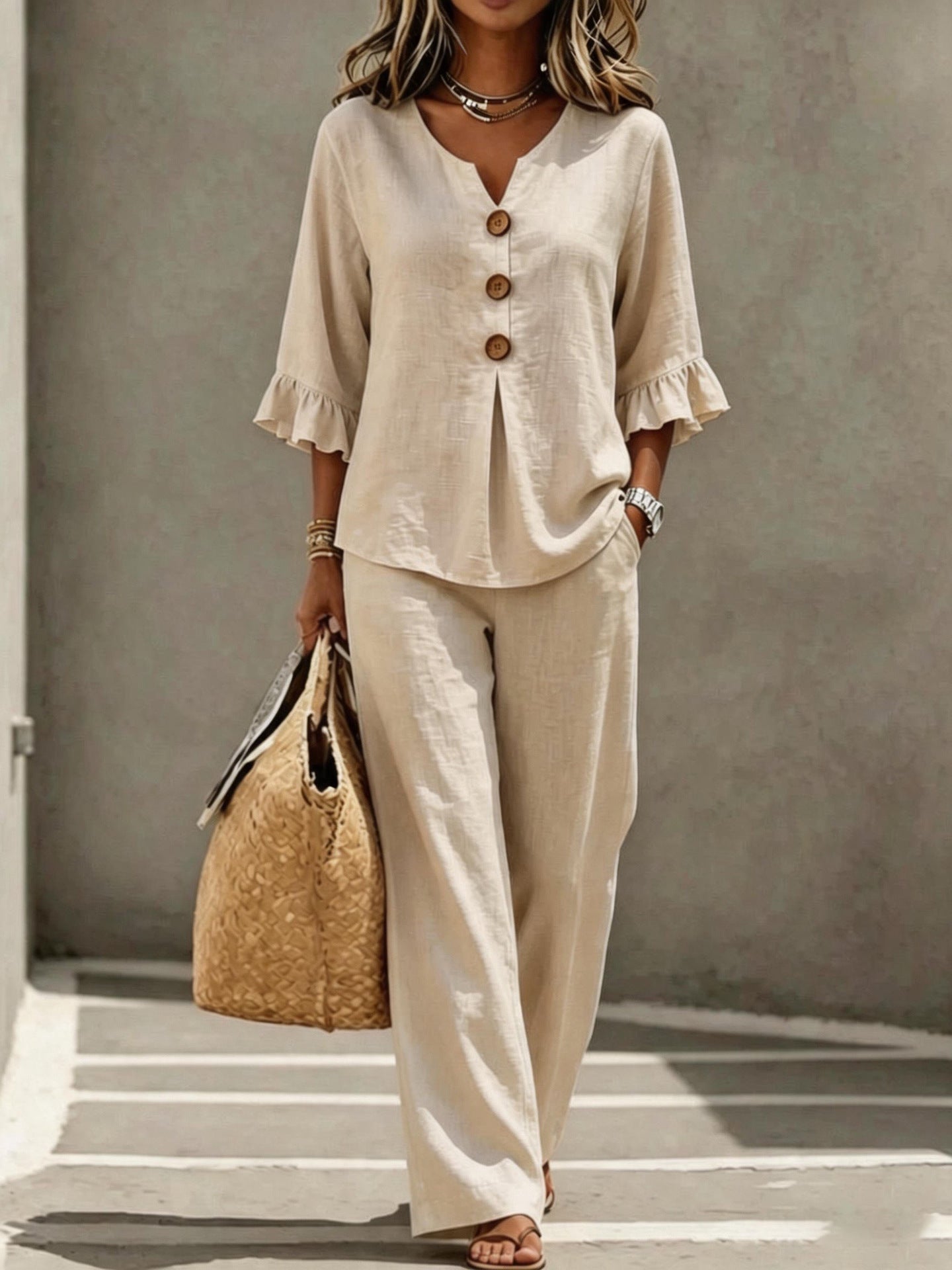 Womens V-neck Ruffle Three-Quarter Sleeve Top And Pants Two-Piece Set NorixaFashion.com