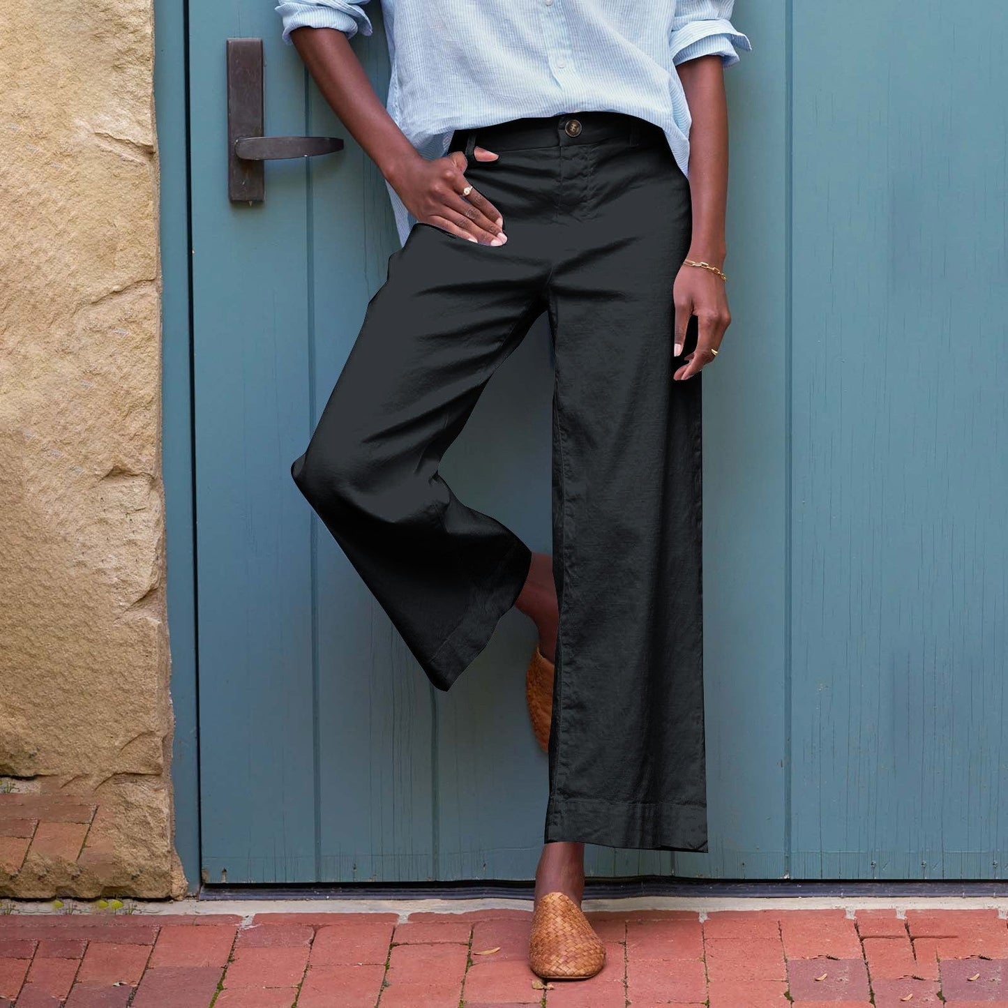 European And American Style High-Waisted Solid Color Cropped Flared Loose Wide-Leg Womens Trousers With Buttons NorixaFashion.com