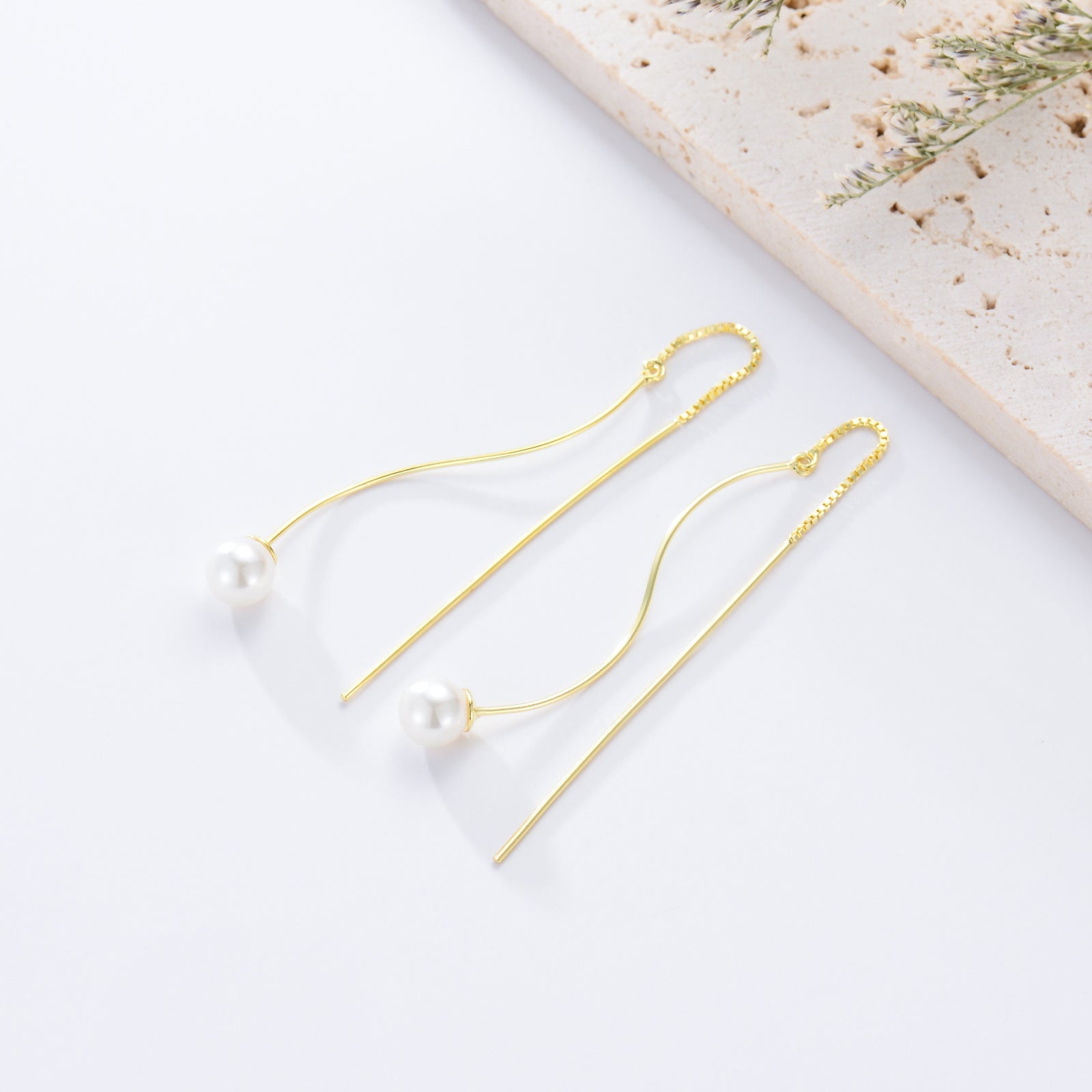 Sterling Silver Long Pearl Dangle Threader Earrings for Women LadyShow.Store
