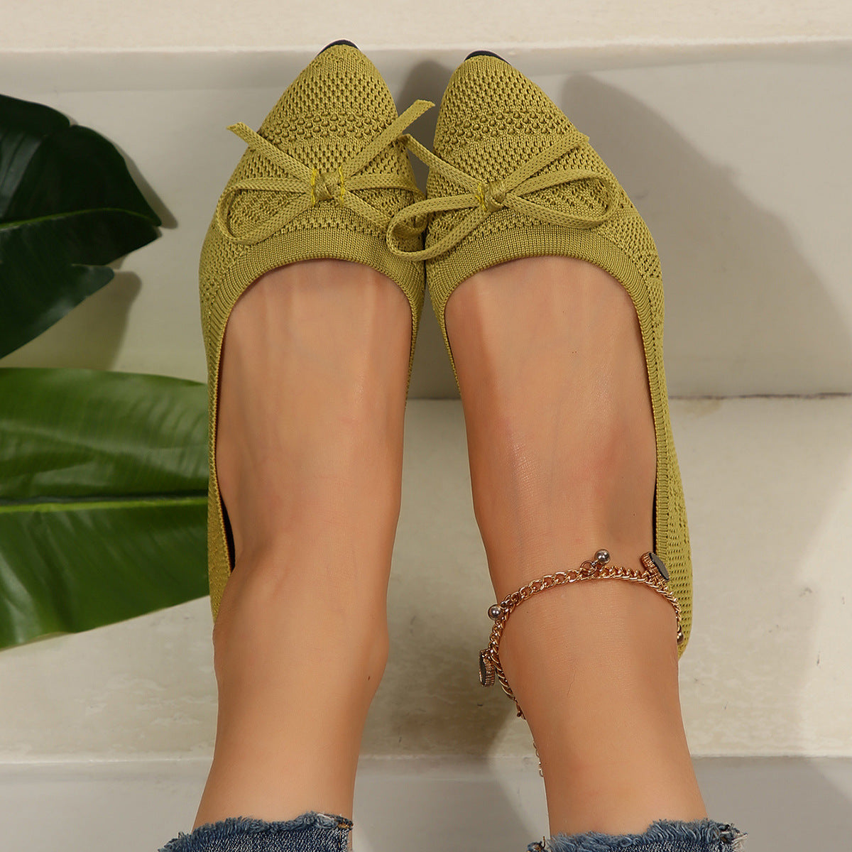 Bow Knitted Loafers Ins Fashion Pointed-toed Flats Shoes For Women CJD