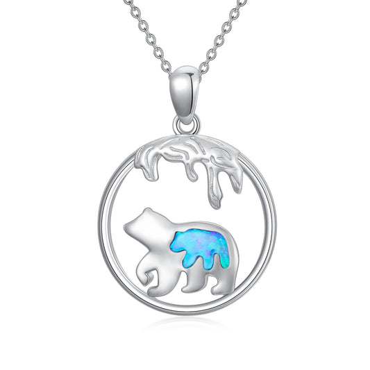 Mama Bear Necklace Sterling Silver Mother Daughter Blue Opal Animal Necklace Pendant Gift for Women Girls LadyShow.Store