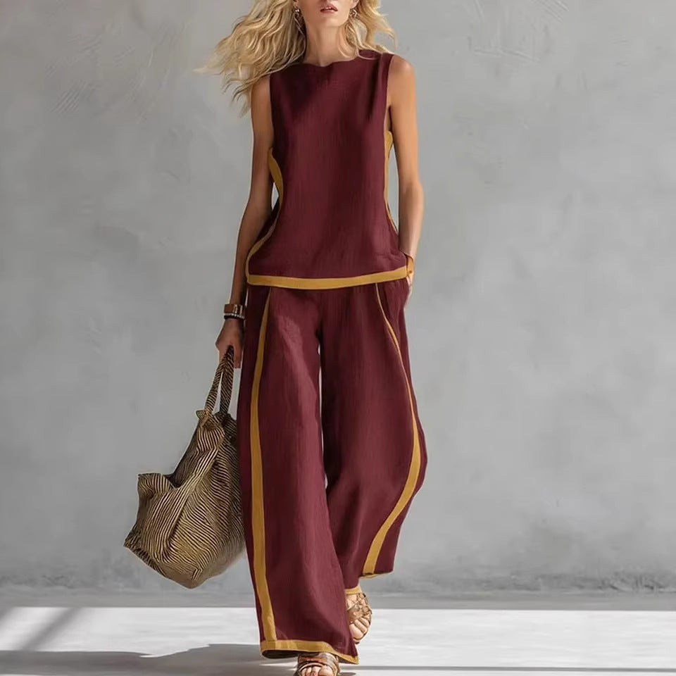 Summer Suits Round-neck Sleeveless Vest Top And High-waist Wide-leg Pants Casual Loose Set NorixaFashion.com