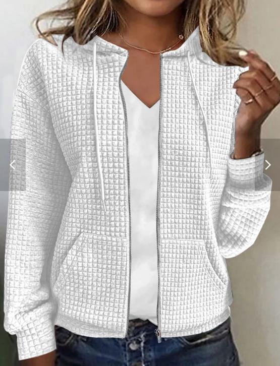 Womens Solid Color Hooded Zip Up Loose Long Sleeve Jacquard Sweatshirt NorixaFashion.com