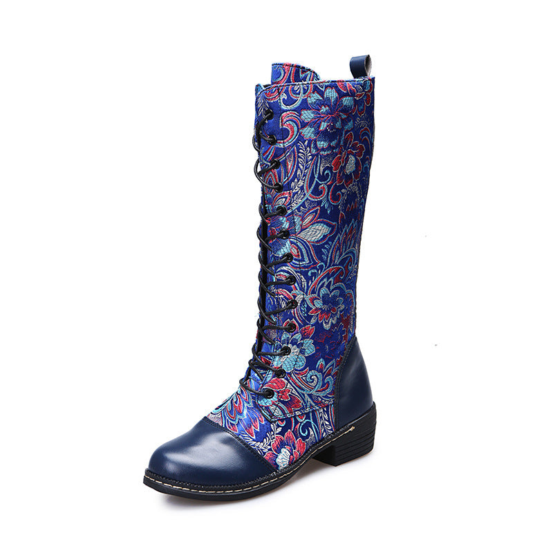 Flowers Print Long Boots WInter Retro Ethnic Style Shoes Lace-up Heeled Boots Women LadyShow.Store
