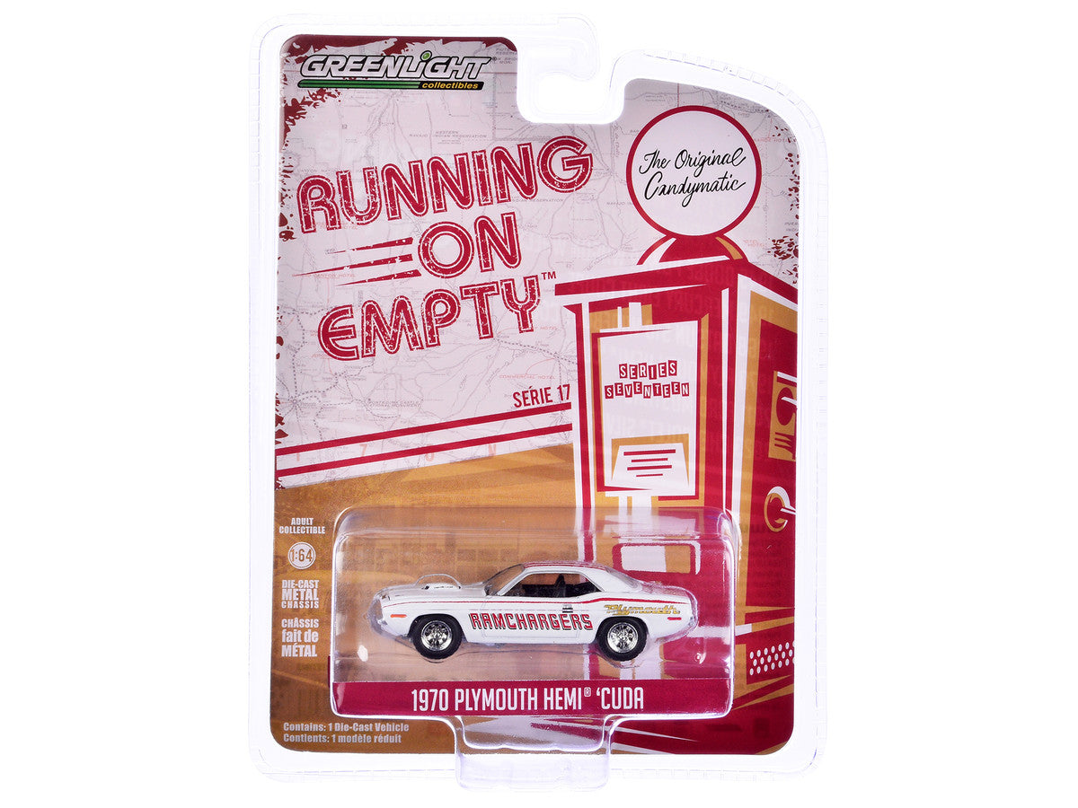 1970 Plymouth Hemi Barracuda "Ramchargers" White with Red Stripes "Running on Empty" Series 17 1/64 Diecast Model Car by Greenlight LuxuryLifeWay Online Store