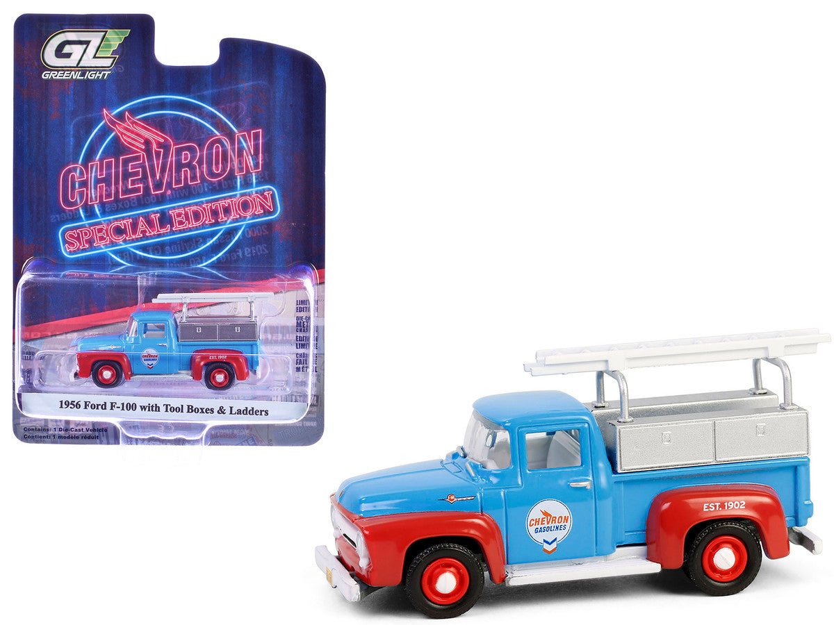 1956 Ford F-100 Pickup Truck with Tool Boxes and Ladders "Chevron" Blue and Red "Chevron Special Edition" Series 1 1/64 Diecast Model Car by Greenlight LuxuryLifeWay Online Store