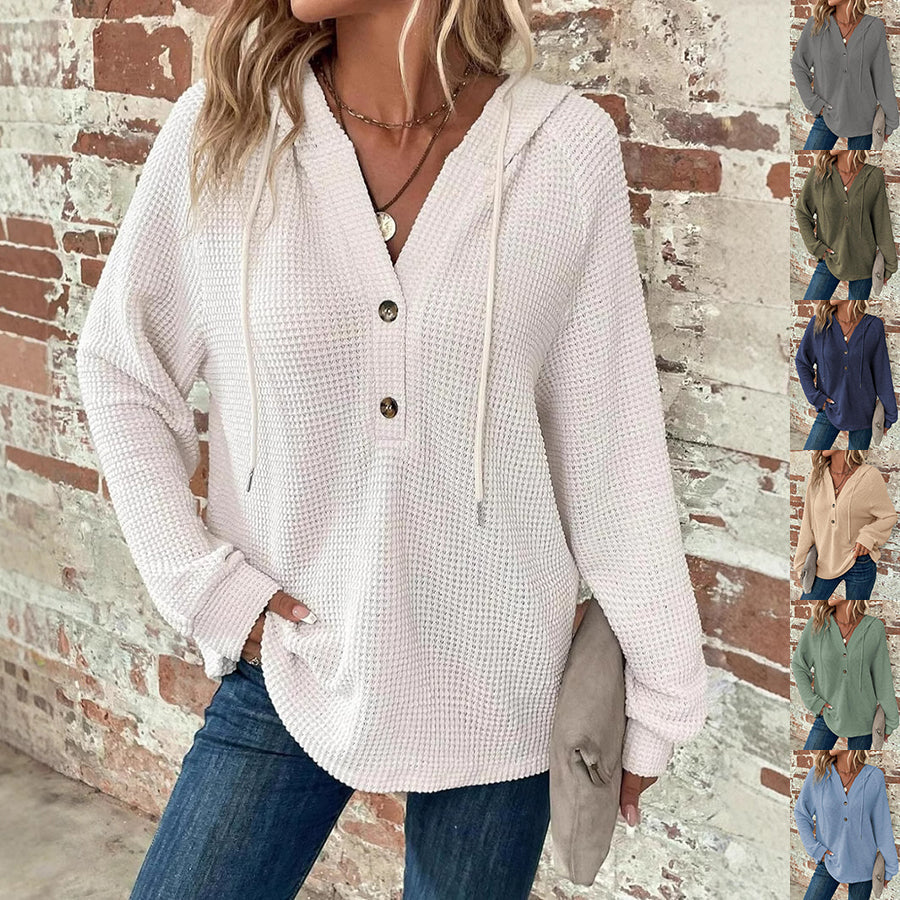 Waffle Hooded Sweater Sweatshirt Fashion Casual Long-sleeved Drawstring V-neck Buttons Top Women's Clothing NorixaFashion.com