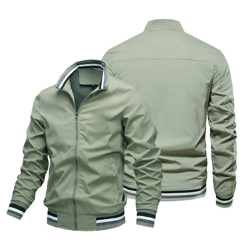 2026 New Men Striped Rib Stand Collar Bomber Jacket Solid Black Zip Up Lightweight Windbreaker Striped Cuff Hem Casual Baseball Coat Outdoor Daily Streetwear Outerwear NorixaFashion.com