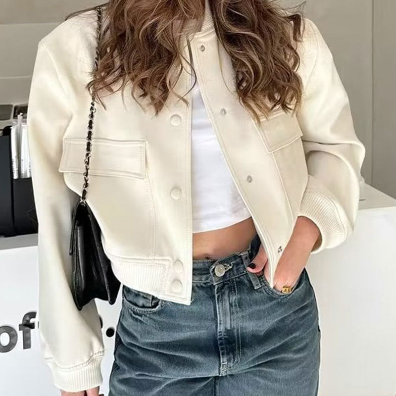 Fashion Button Stand-collar Jacket With Big Pockets Casual Loose Short Outwear Tops Coat For Women Clothing LuxuryLifeWay Online Store