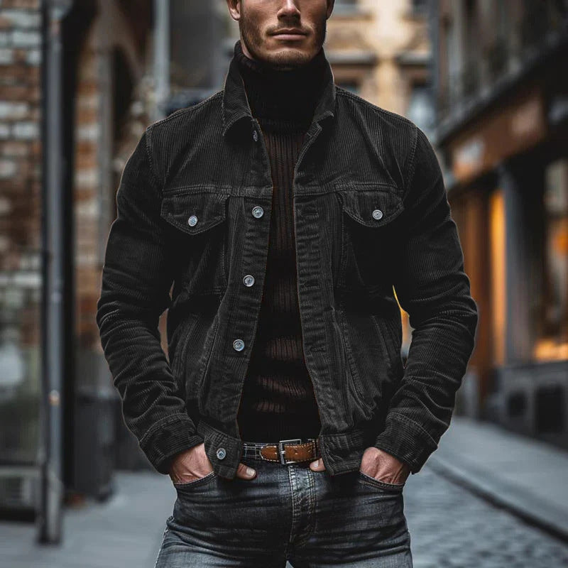 Men's Pocket Corduroy Long Sleeve Striped Lapel Jacket LadyShow.Store