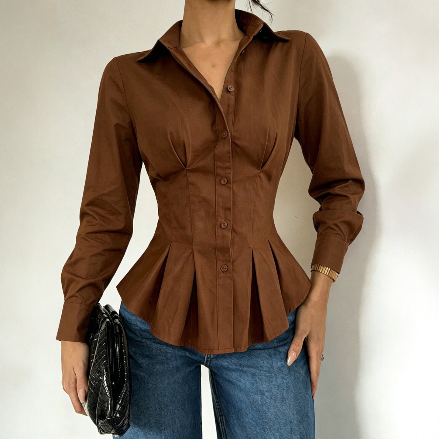 Fitted-waist Long-sleeve Shirt With Pleated Waist Detailing NorixaFashion.com