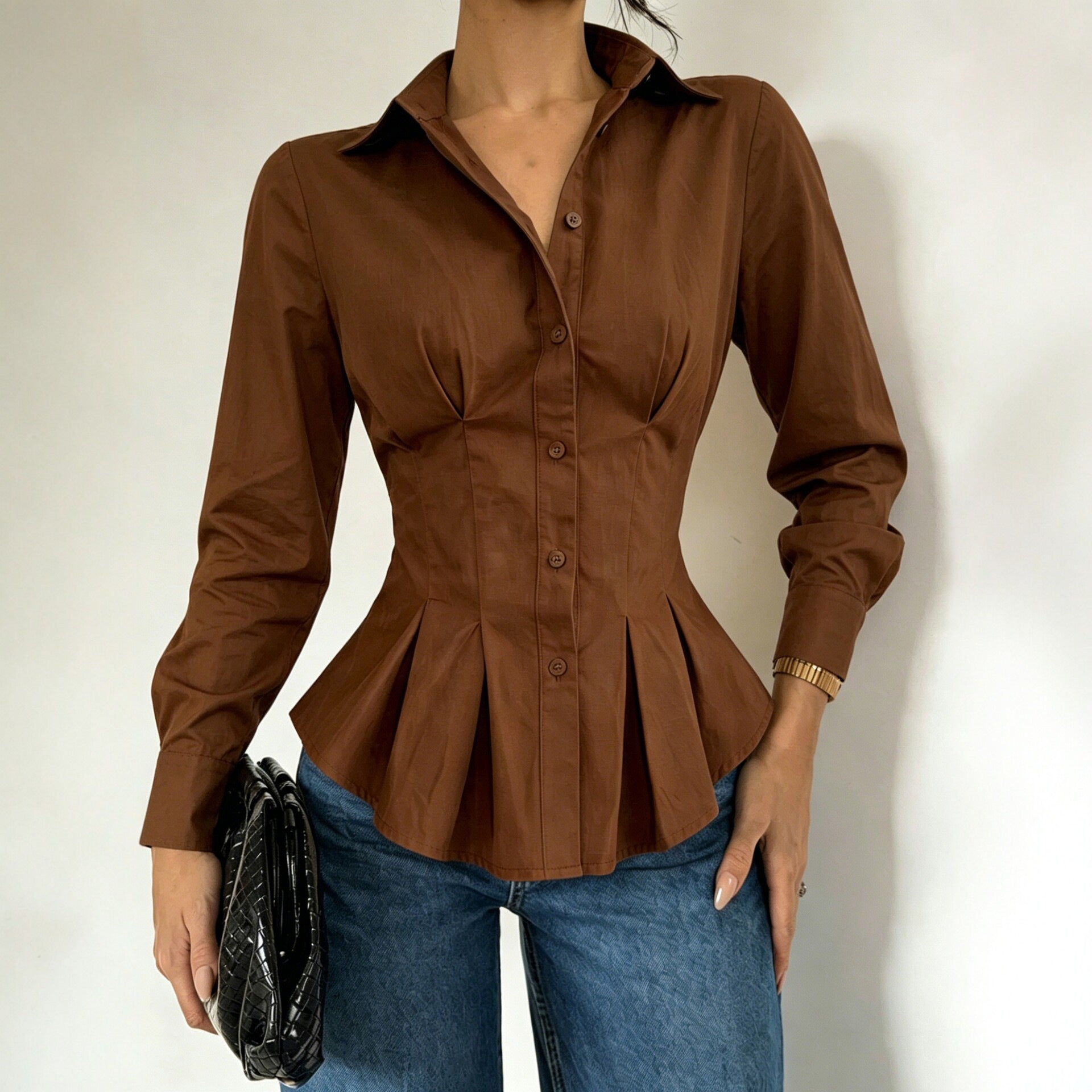 Fitted-waist Long-sleeve Shirt With Pleated Waist Detailing NorixaFashion.com