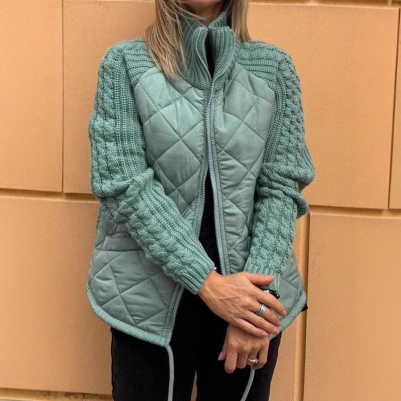 Winter Stand Collar Cotton Jacket With Pockets Fashion Knitted Stitching Zipper Coat Warm Tops For Women Clothing LadyShow.Store