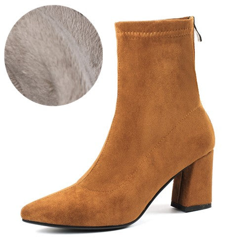 Women's Ankle Winter High-heeled Mid-tube Pointed Toe Thick-heeled Martin Boots LadyShow.Store