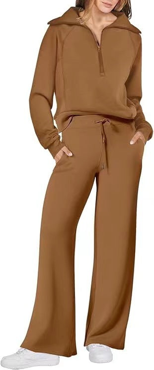 Leisure Sports Suit Long-sleeve Zipper Sweatshirt Wide Leg Pants Two-piece Set NorixaFashion.com