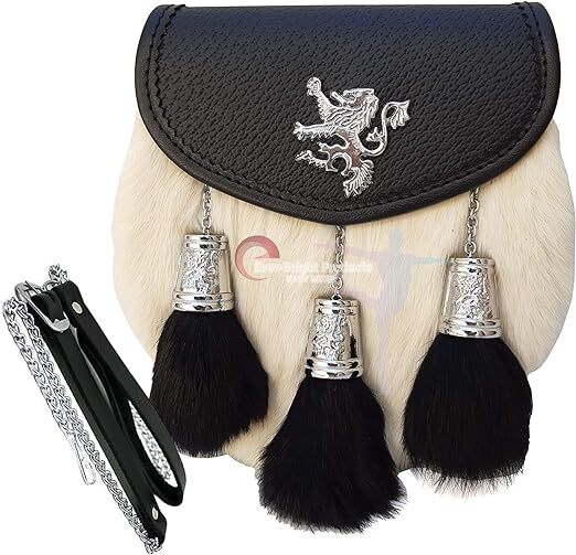 Scottish Kilt Semi Dress White Rabbit Sporran with Rampant Lion & Tassels Caps