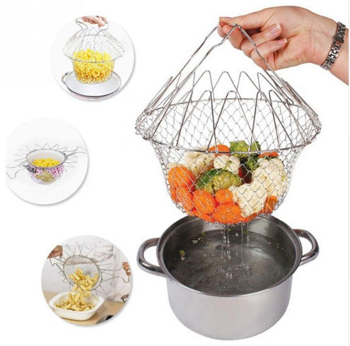 Stainless Steel Telescopic Folding Basket Frying Basket French Fries Degreasing Kitchen Tool CJD2