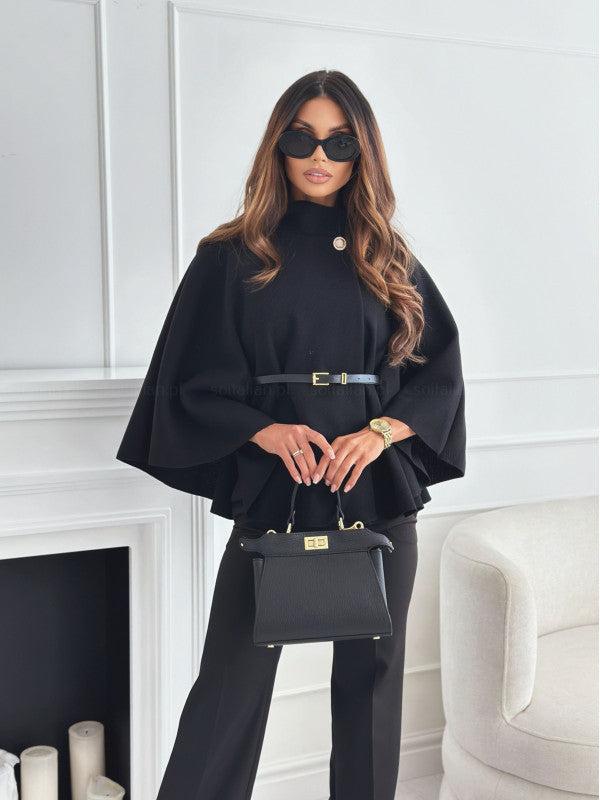 New Stand Collar Batwing Sleeves Cloak Top With Belt Ins Fashion Temperament Jacket Woolen Sweater Outwear For Women Clothing LadyShow.Store