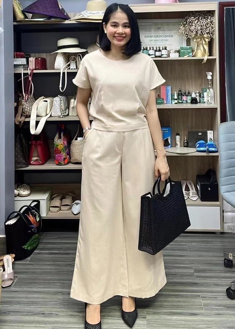 European And American Women's Linen Casual Loose Solid Color Suit Two-piece Women LadyShow.Store