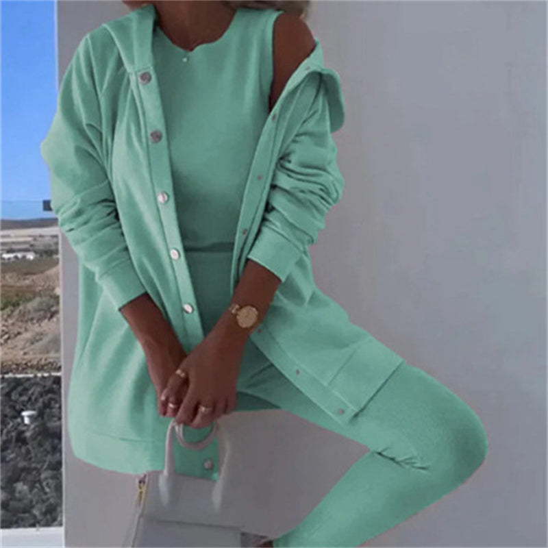 Women's Fashion Sports And Leisure Hooded Sweater Vest Pants Three-piece Set NorixaFashion.com