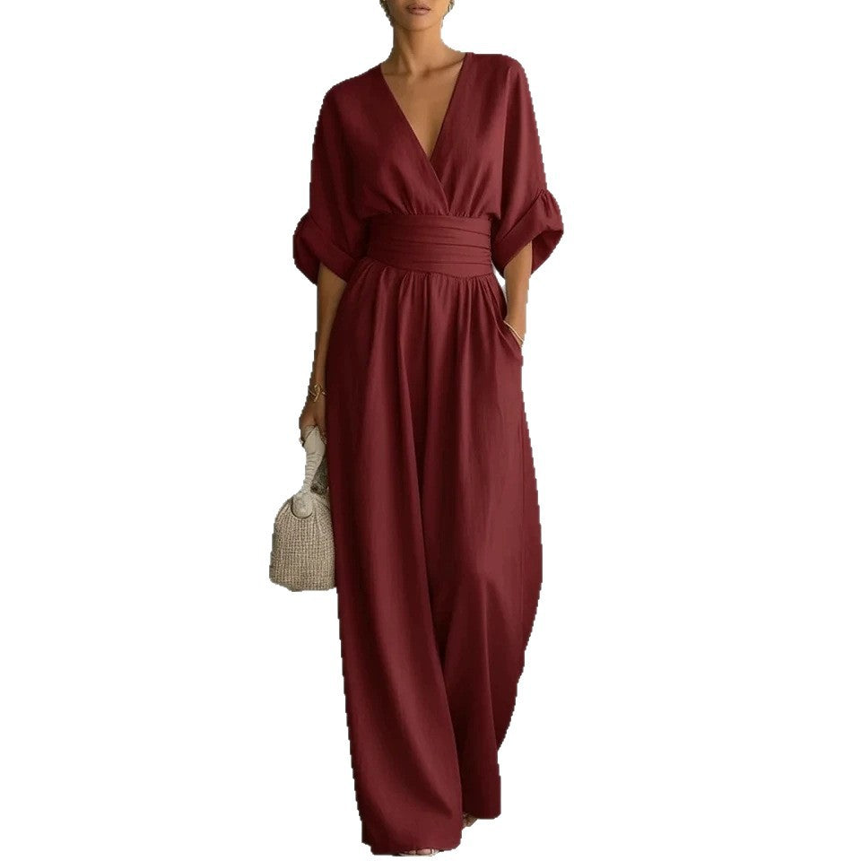 Summer Short-sleeved Jumpsuit Fashion Casual V-Neck Wide-Leg Pants Womens Clothing LadyShow.Store