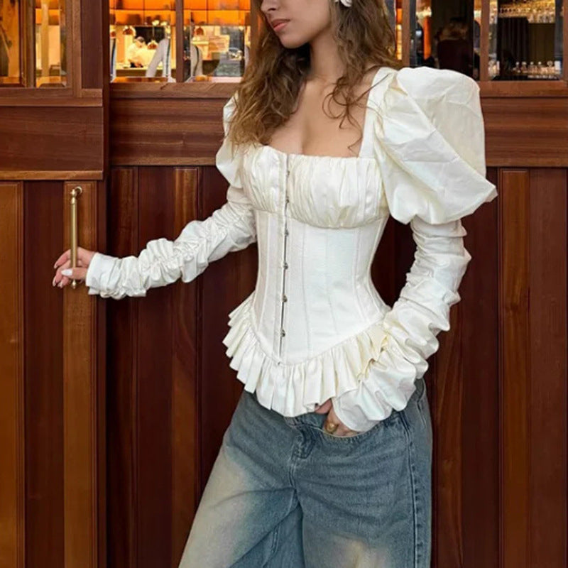 Square Neck Puff Sleeve Corset Peplum Top NorixaFashion.com