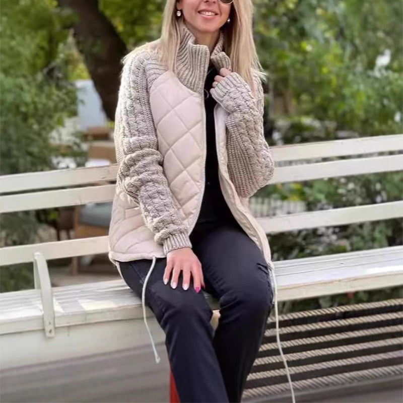 Winter Stand Collar Cotton Jacket With Pockets Fashion Knitted Stitching Zipper Coat Warm Tops For Women Clothing LadyShow.Store