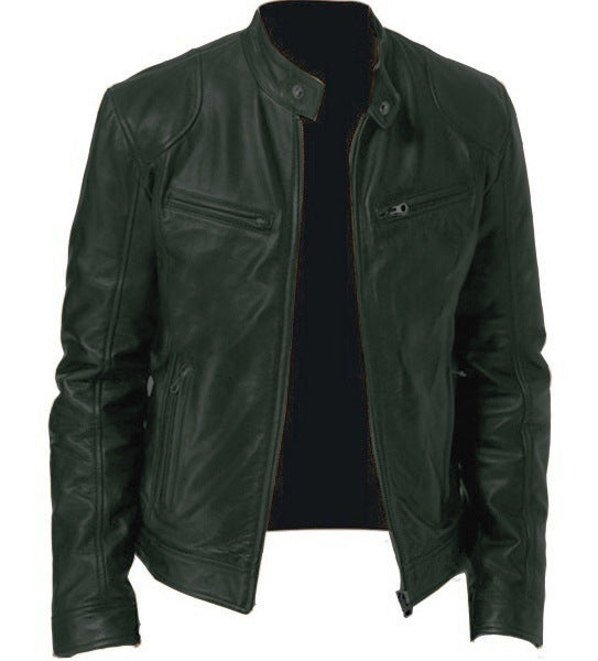 Men's Zip-up Cardigan PU Leather Jacket Fashion Pockets Stand Collar Short Tops Clothing Best YouTube Store