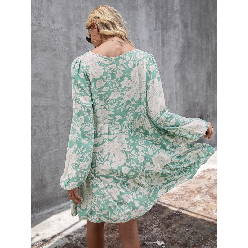Loose Casual Floral Lace Stitching Sleeves Long Sleeve V-neck Printing LadyShow.Store