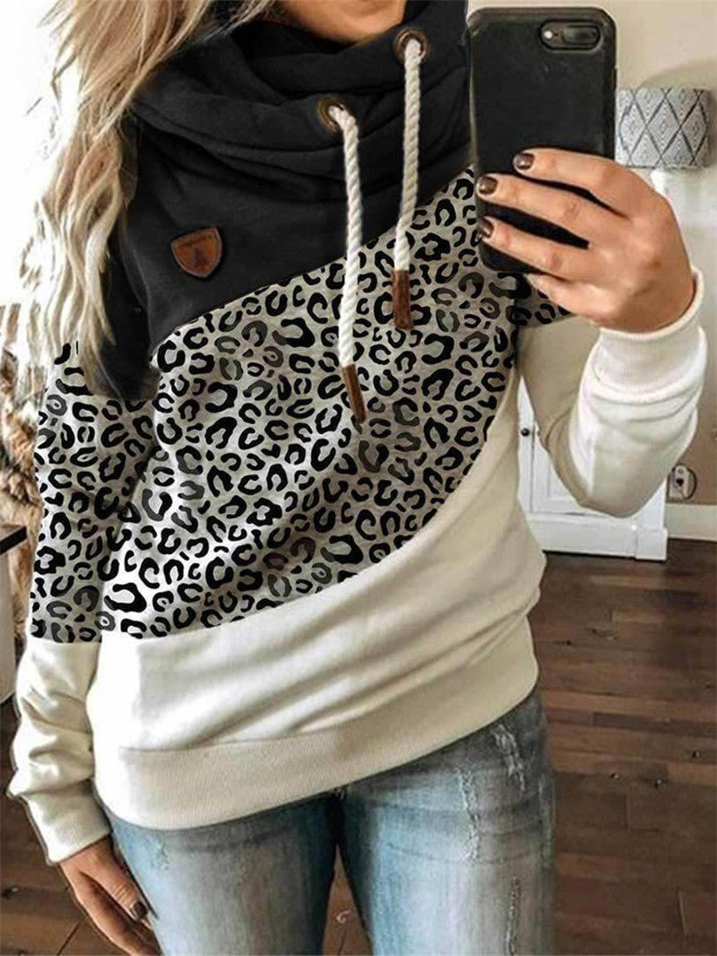 Printed stitching hooded fleece loose sweatshirt