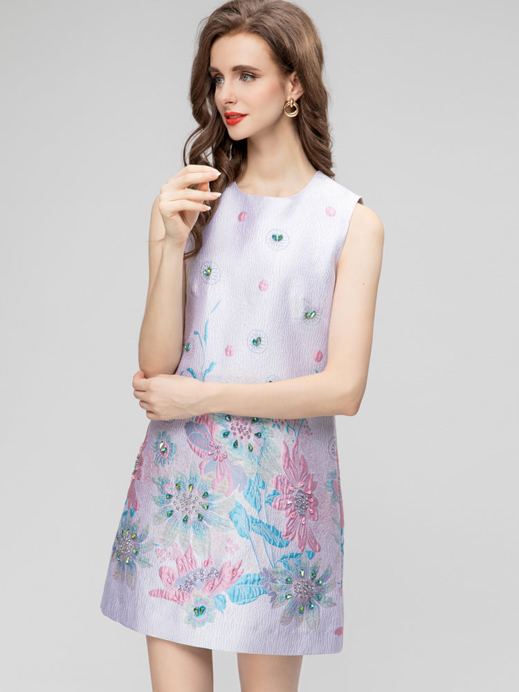 Printed Sleeveless Short Jacquard Dress Women NorixaFashion.com
