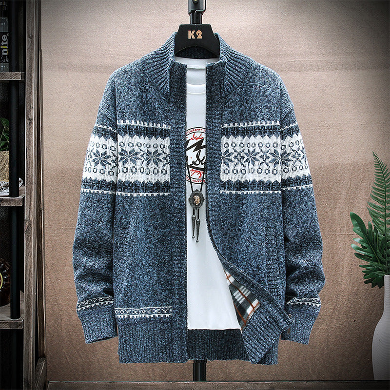 Men's Printed Stand-Collar Cardigan Jacket for Warmth Pi-Mart