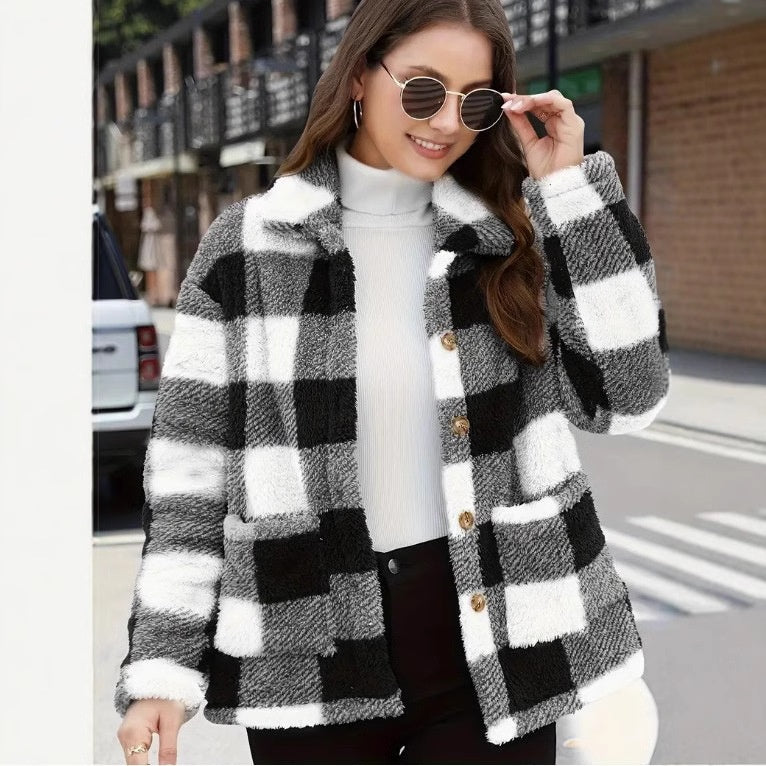 Color-blocked Plaid Jacket Fashion Lapel Pockets Single-breasted Coat Spring Fall Clothing For Women NorixaFashion.com