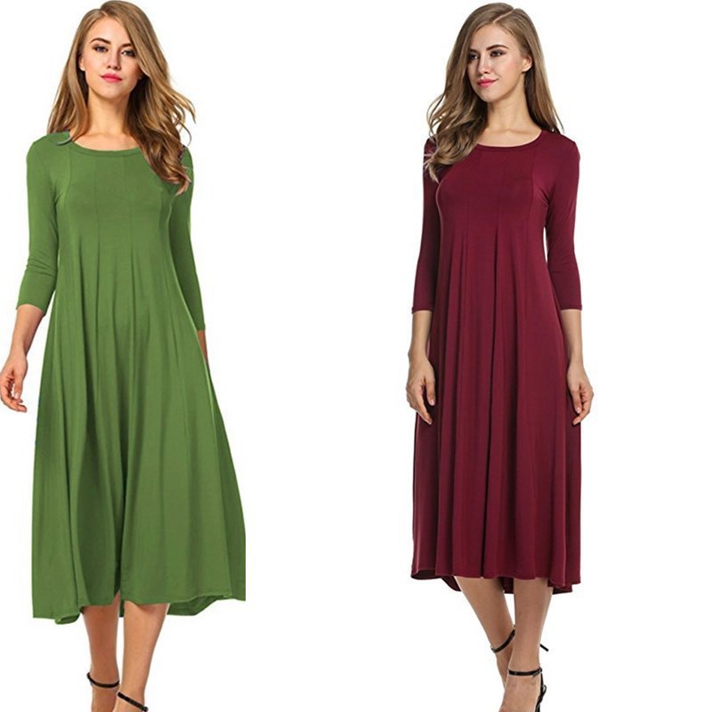 Crew Neck Sleeve Solid Color Swing Dress LuxuryLifeWay Online Store
