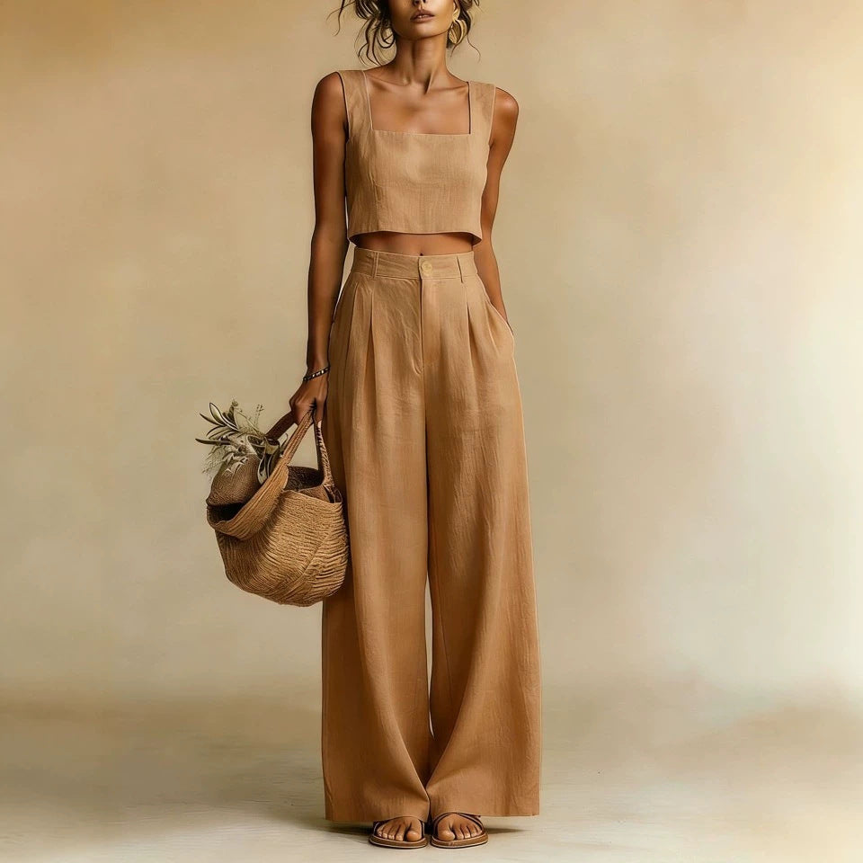 Womens Best-selling Square-neck Wide-leg Pants Set NorixaFashion.com