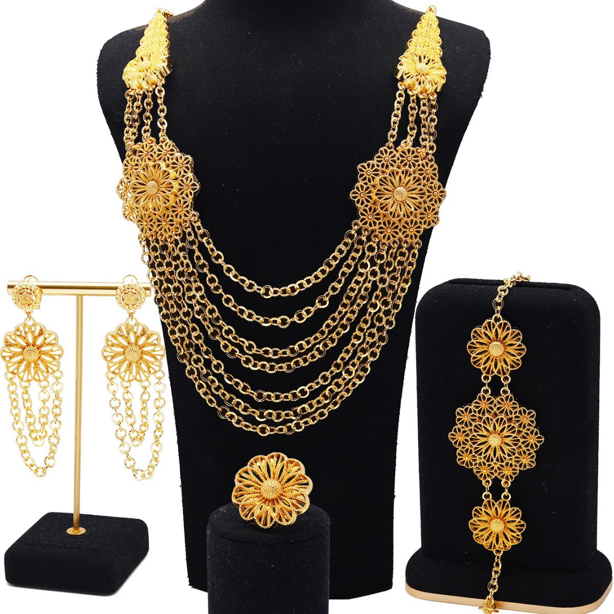 24K Gold Flower Necklace Earring Ring Bracelet Set LadyShow.Store