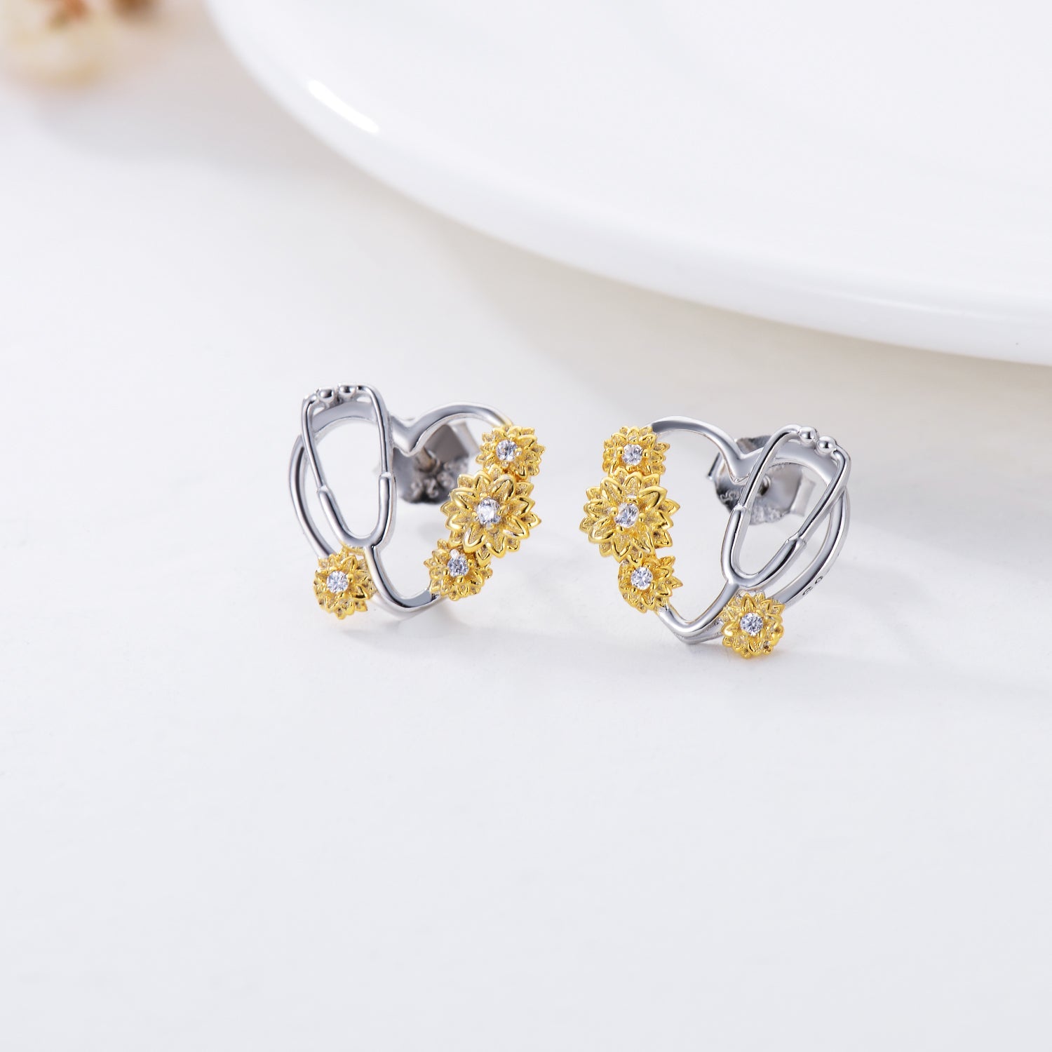 Sunflower Stethoscope Heart Earrings in Sterling Silver for Women Nurse LadyShow.Store