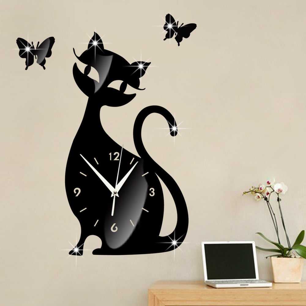 Quartz wall clock bedroom living room wall clock creative cute black cat wall sticker clock PearlNestDecor.com