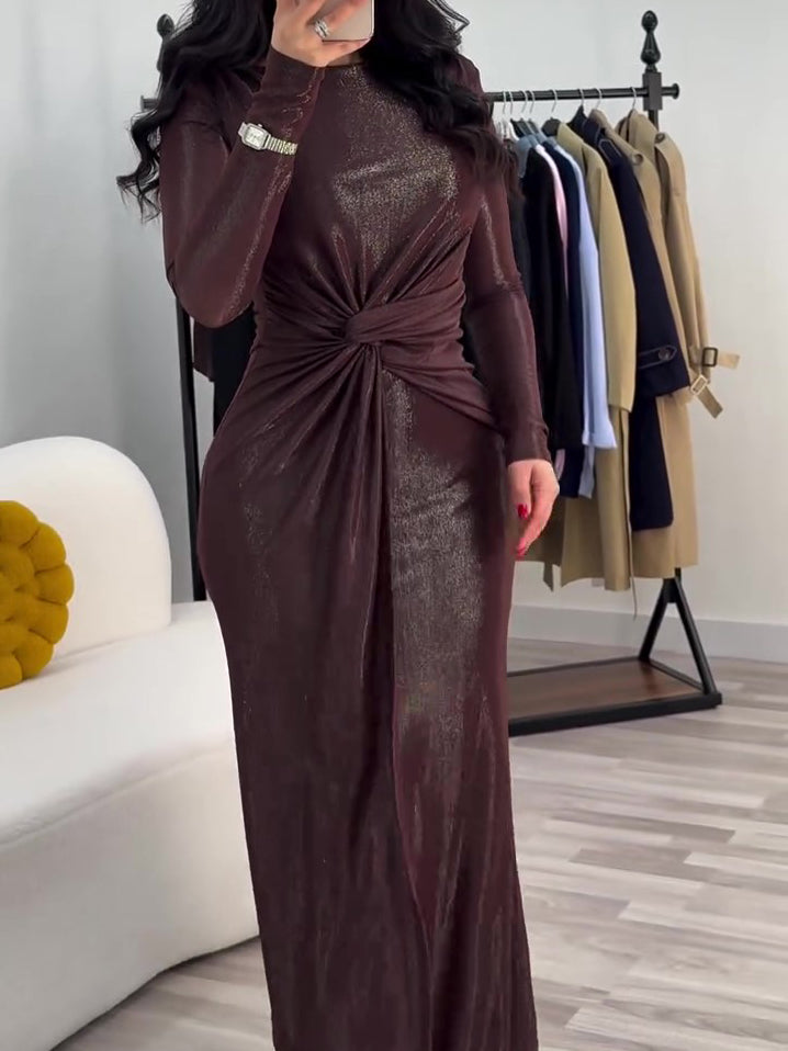 Metallic Maxi Dress With Twist Front Detail And Long Sleeves NorixaFashion.com