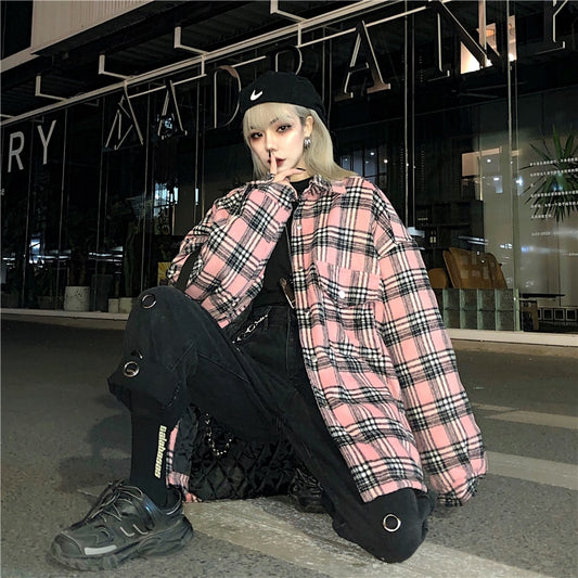 Streetwear Punk Vintage Pink Plaid Loose Winter Women Jackets