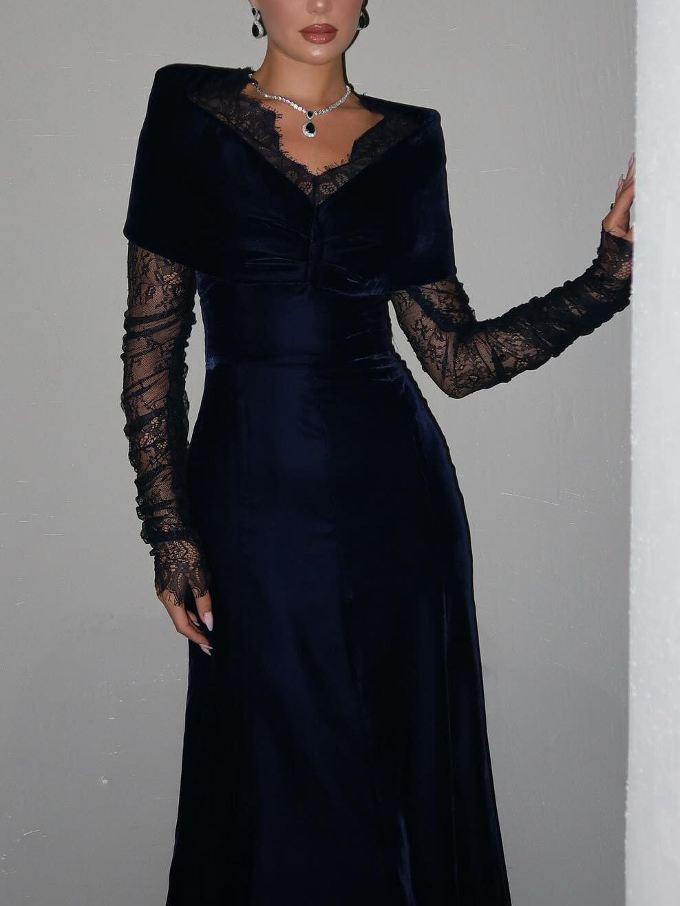 Navy Blue Velvet Lace Long-Sleeve Gown NorixaFashion.com