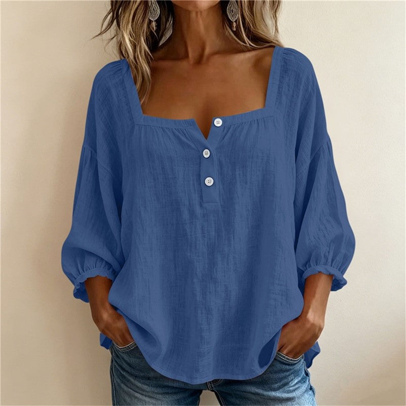 Casual Resort-style Linen Top With Three-quarter Sleeves NorixaFashion.com