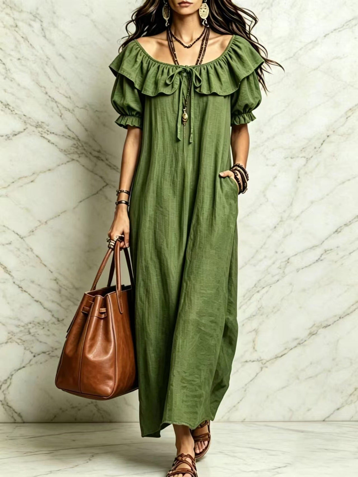 Summer 2026 Women's New Round Neck Ruffled Casual Seaside Vacation Dress From Europe And America NorixaFashion.com
