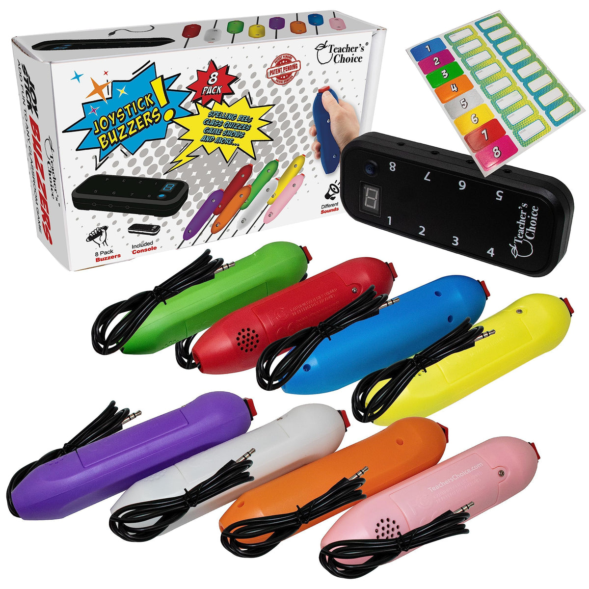 Teachers Choice 8 Color Handheld Buzzer Game System - Console Displays First Buzz-in - Great for Jeopardy Family Feud Trivia and Buzzer Games - Controller with 8 Joystick Buzzers 8 Unique Sounds Pi-Mart