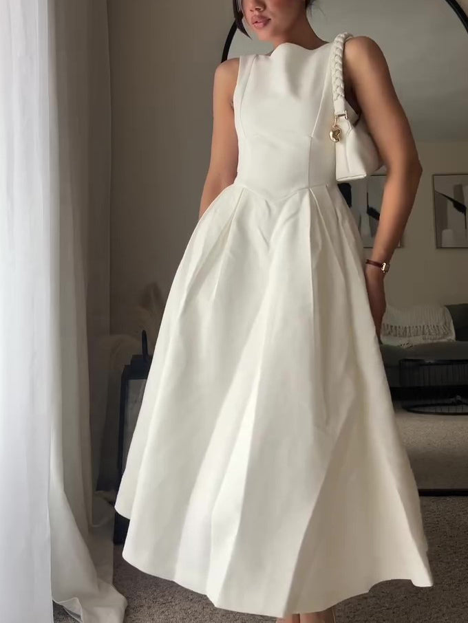 White Round Neck Sleeveless Swing Dress NorixaFashion.com