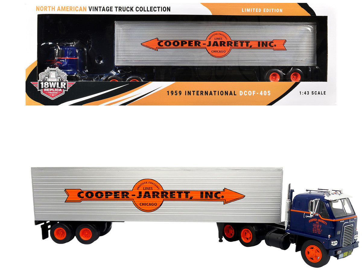 1959 International DCOF-405 Truck with Box Trailer "Cooper Jarrett Inc." Dark Blue with Orange Stripes "North American Vintage Truck Collection" 1/43 Diecast Model by Iconic Replicas LuxuryLifeWay Online Store