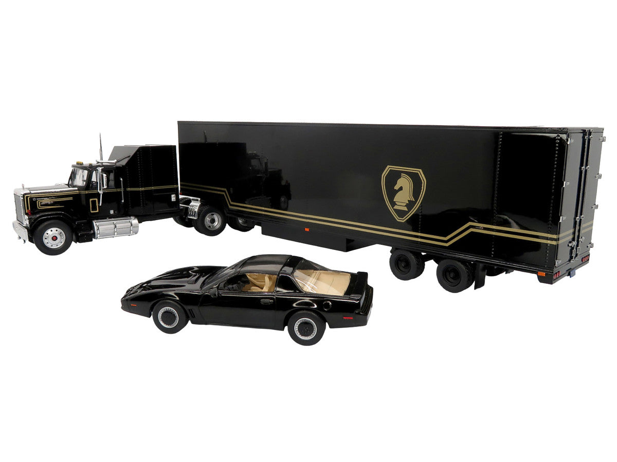 1980 GMC General Truck with Box Trailer Black with Gold Stripes and 1982 Pontiac Firebird Trans Am Black "Knight Set" "North American Vintage Truck Collection" Limited Edition to 252 pieces Worldwide 1/43 Diecast Model by Iconic Replicas LuxuryLifeWay Online Store