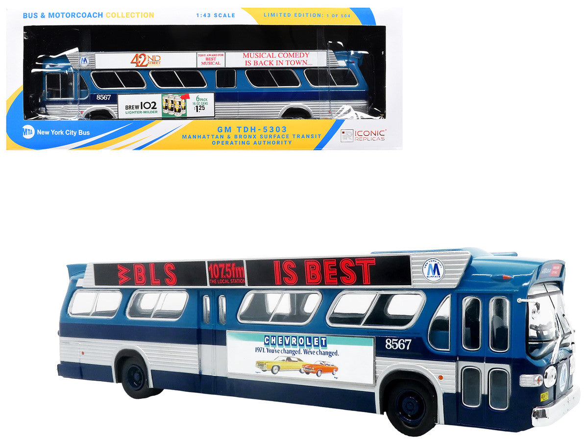 1963 GM TDH-5303 Transit Bus "MTA New York City Surface Transit" Blue Two-Tone with Graphics "The Bus & Motorcoach Collection" Limited Edition to 504 pieces Worldwide  1/43 Plastic Model by Iconic Replicas LuxuryLifeWay Online Store
